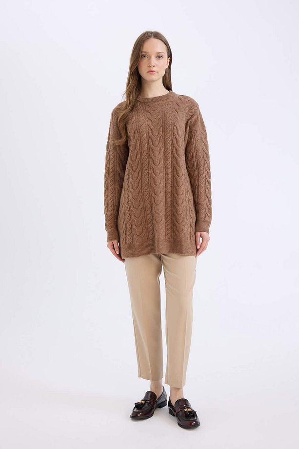 Regular Fit Bisiklet Yaka Saç Örgü Desenli Triko Kazak Tunik B4284AX24WN - 2