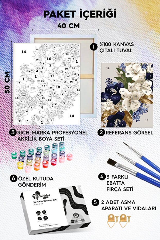 Sayılarla Boyama Numaralı Tuval Seti Fırça Boya Dahil 40x50 Cm Mavi Beyaz Çiçekler - 3