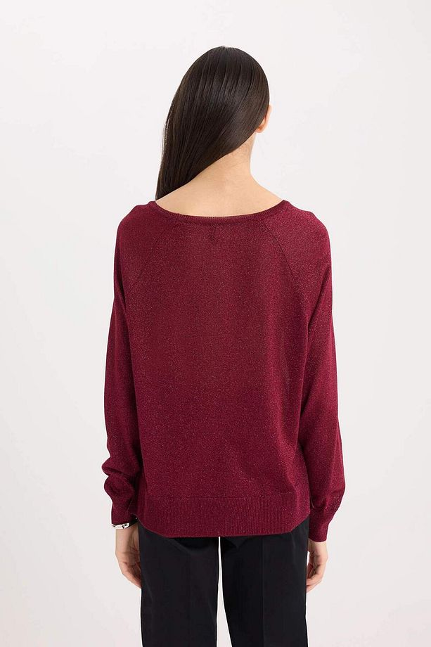 Regular Fit Bisiklet Yaka Basic Düz Bordo Triko Kazak C6818AX24WN - 8