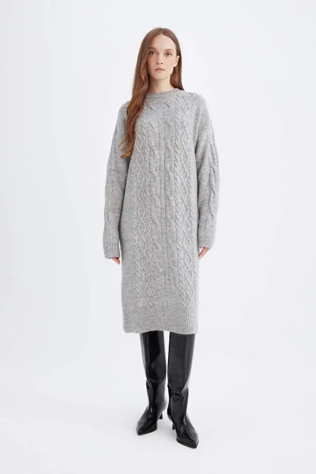 Regular Fit Bisiklet Yaka Saç Örgü Desenli Basic Düz Uzun Kollu Midi Triko Elbise Y2073AZ24WN - 1