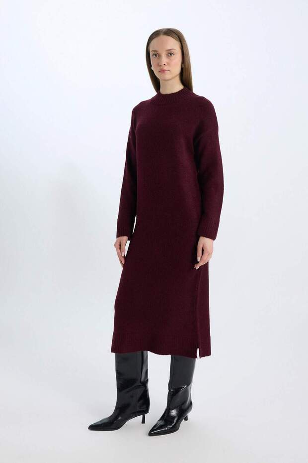 Relax Fit Yarım Balıkçı Yaka Midi Triko Bordo Elbise D8596AX24WN - 5