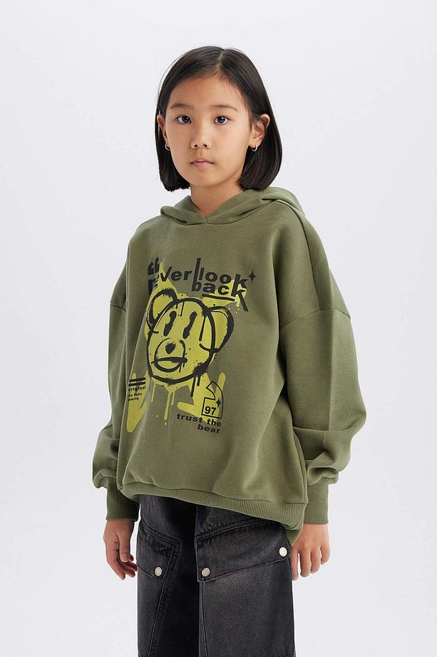 Kız Çocuk Oversize Geniş Kalıp Kapüşonlu Baskılı Sweatshirt D1567A824WN - 4