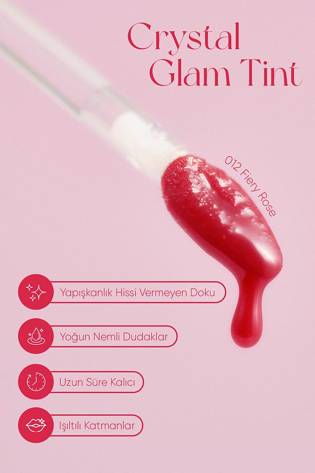 Yapışkanlık Hissi Vermeyen Yoğun Işıltılı Tint CLIO Crystal Glam Tint (12 Fiery Rose) - 4
