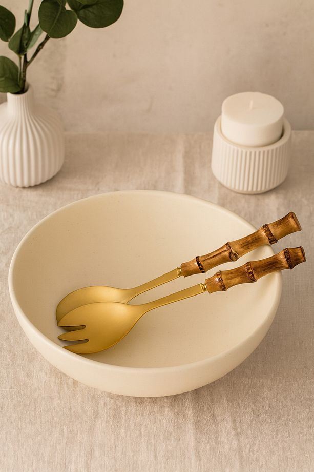 Bambu Ahşap Saplı Gold Detaylı Kaşık ve Çatal Seti Çelik Salata Makarna Servis Seti - 1
