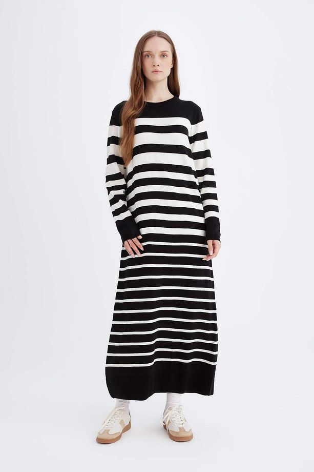 Regular Fit Çizgili Uzun Kollu Maxi Triko Elbise C3539AX24WN - 3