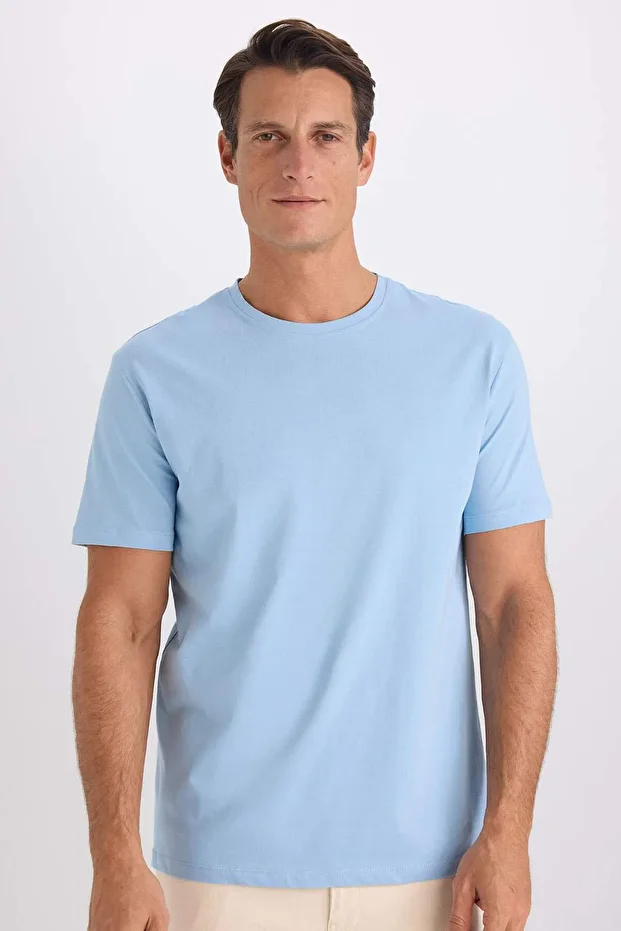 %100 Pamuk New Regular Fit Bisiklet Yaka Basic Düz Kısa Kollu Tişört E1091AXNS - 1