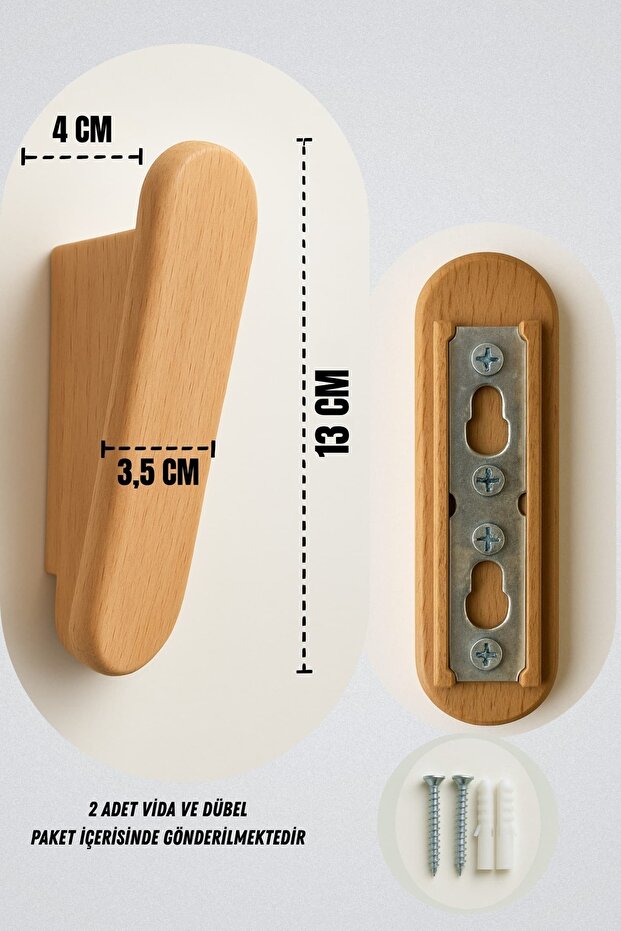 %100 Masif Ahşap Duvar Askısı | 4'lü Set | Doğal ve Şık, Minimal Tasarım | Duvara Monte - 2