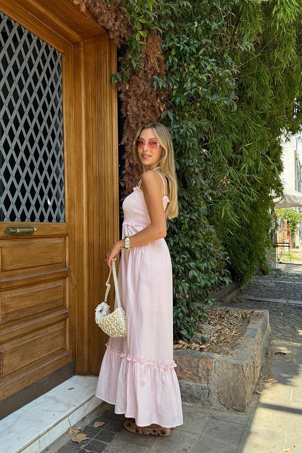 Askı Ayarlı Gipeli Elbise PEMBE - 4