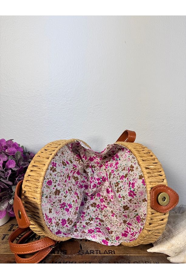 yuvarlak deri saplı hasır çanta - 4