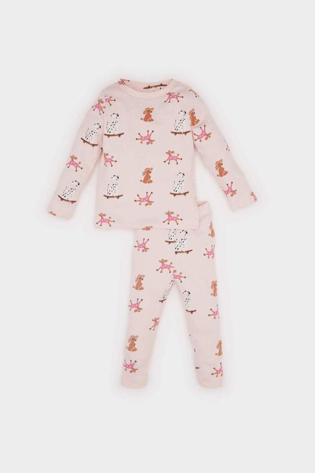 Kız Bebek Pijama Takımı Desenli Uzun Kollu Fitilli Kaşkorse Üst Uzun Alt D5374A524WN - 1