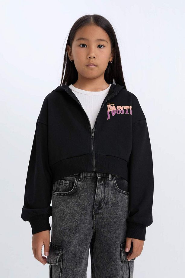Kız Çocuk Baskılı Kapüşonlu İçi Yumuşak Tüylü Fermuarlı Sweatshirt D1569A824WN - 4