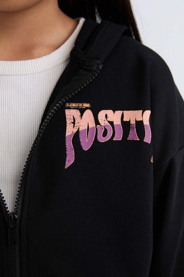 Kız Çocuk Baskılı Kapüşonlu İçi Yumuşak Tüylü Fermuarlı Sweatshirt D1569A824WN - 5