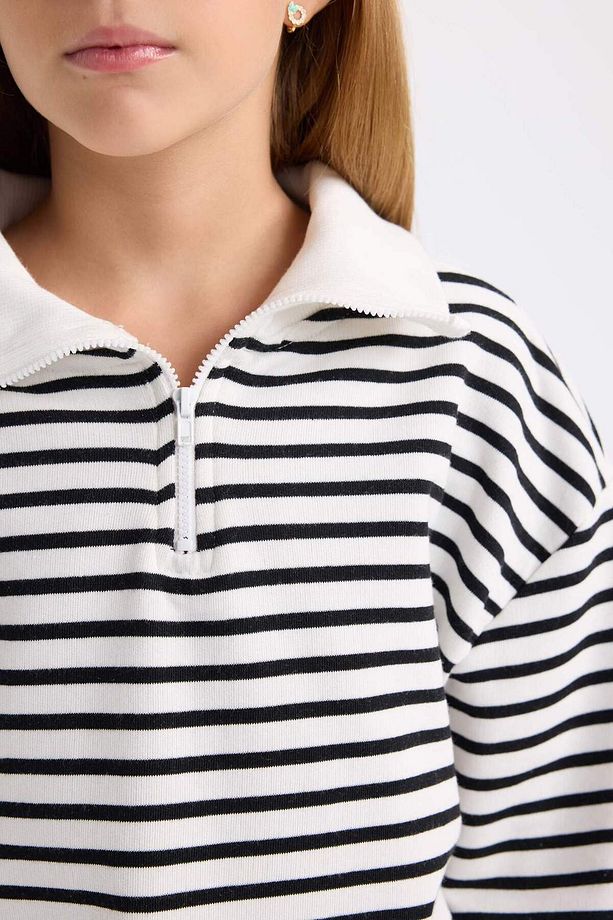 Kız Çocuk Oversize Geniş Kalıp Yarım Fermuarlı Çizgili Sweatshirt D2883A824WN - 5