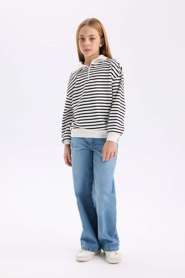 Kız Çocuk Oversize Geniş Kalıp Yarım Fermuarlı Çizgili Sweatshirt D2883A824WN - 2