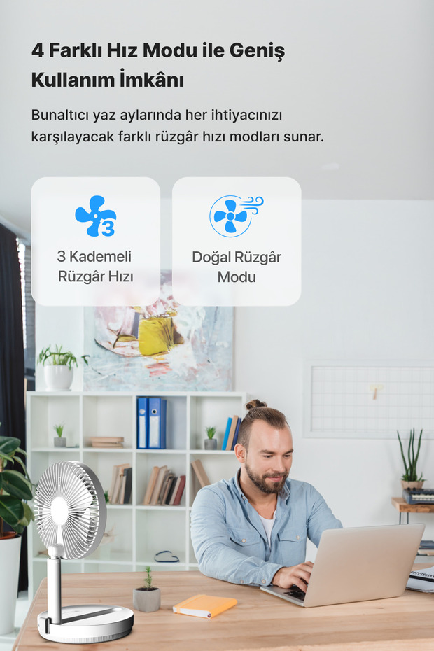 Taşınabilir Şarjlı Vantilatör 24 Saat Kullanım 3 Kademeli 180° Sessiz Ayaklı Katlanabilir Fan X6103 - 7