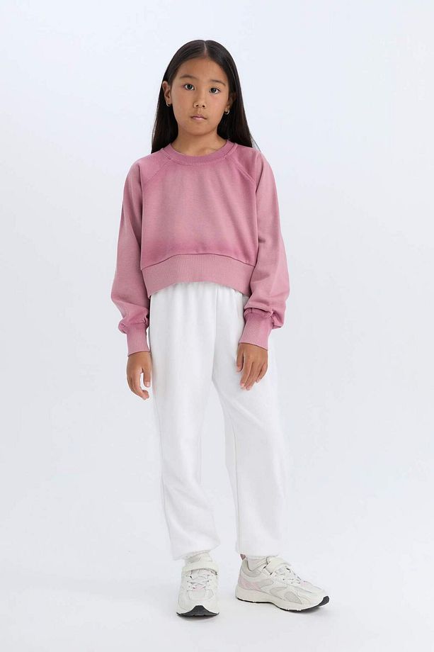 Kız Çocuk Relax Fit Bisiklet Yaka Crop Basic Düz Sweatshirt D6994A824WN - 2