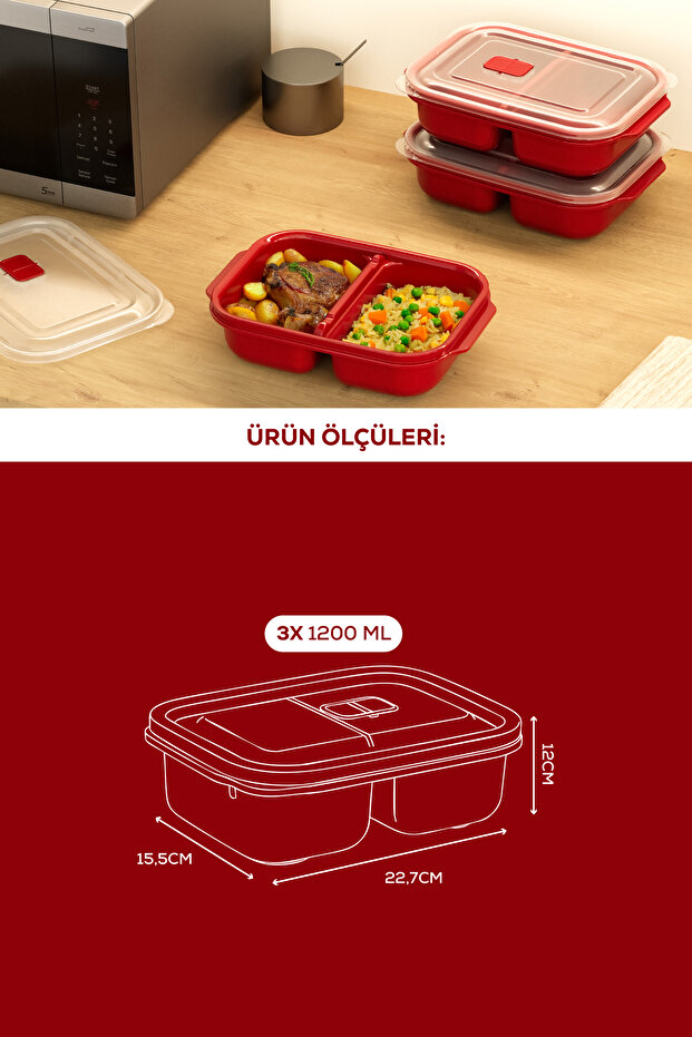 Set of 3 Rectangular Storage Containers with Lid and Compartments Suitable for Microwave - 1200 ml - 3