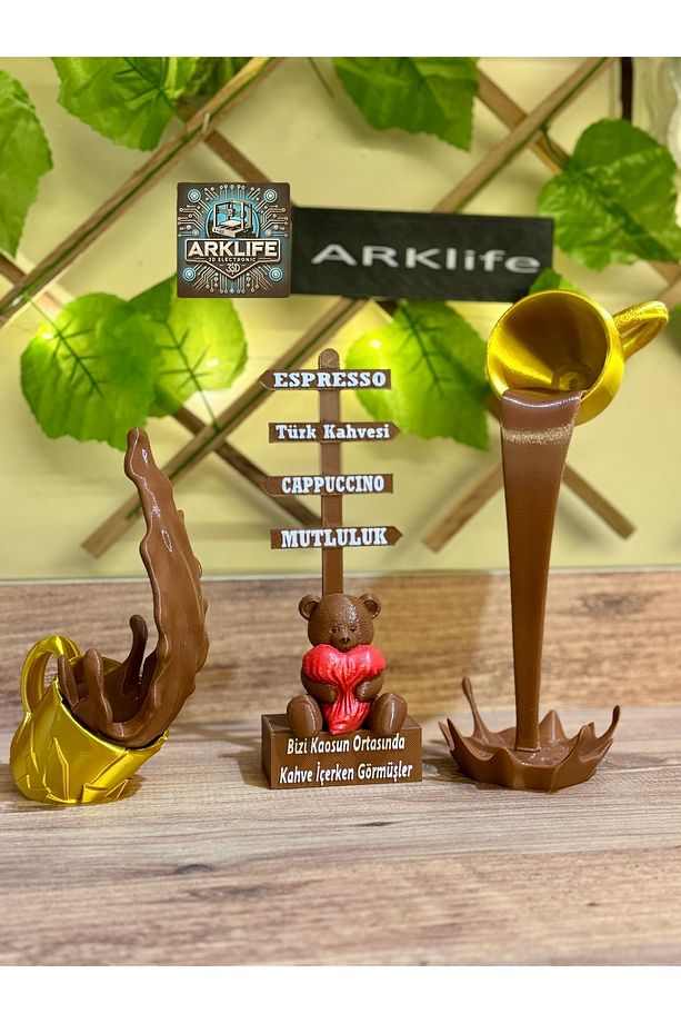Kahve Köşesi 3lü Set Özel Tasarım Ayıcıklı Tabela Gold Kırılan Ve Dökülen Kahve Fincanı - 3