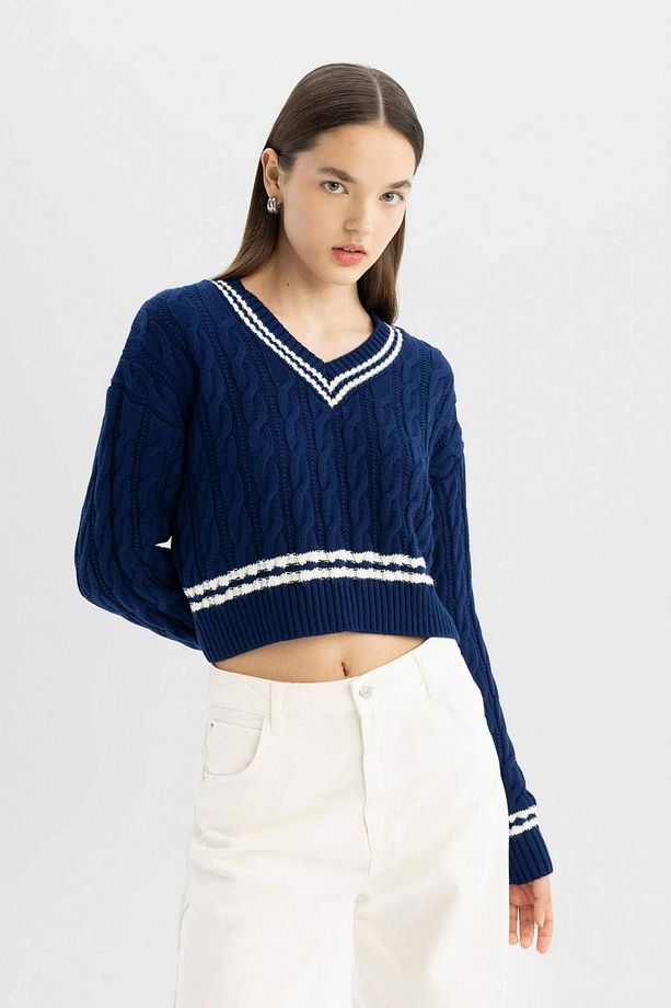 Coool Regular Fit V Yaka Saç Örgülü Çizgi Triko Kazak C7321AX24WN - 3