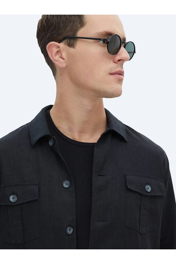 Siyah Düz Regular Fit Dokuma Overshırt - 5
