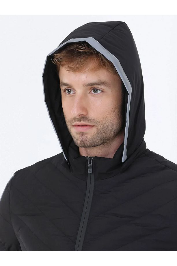 Siyah Regular Fit Kapüşonlu Casual Dokuma Mont - 3
