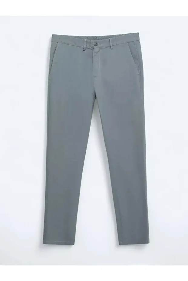 Gri Düz Dokuma Regular Fit Casual Pamuk Karışımlı Pantolon - 5