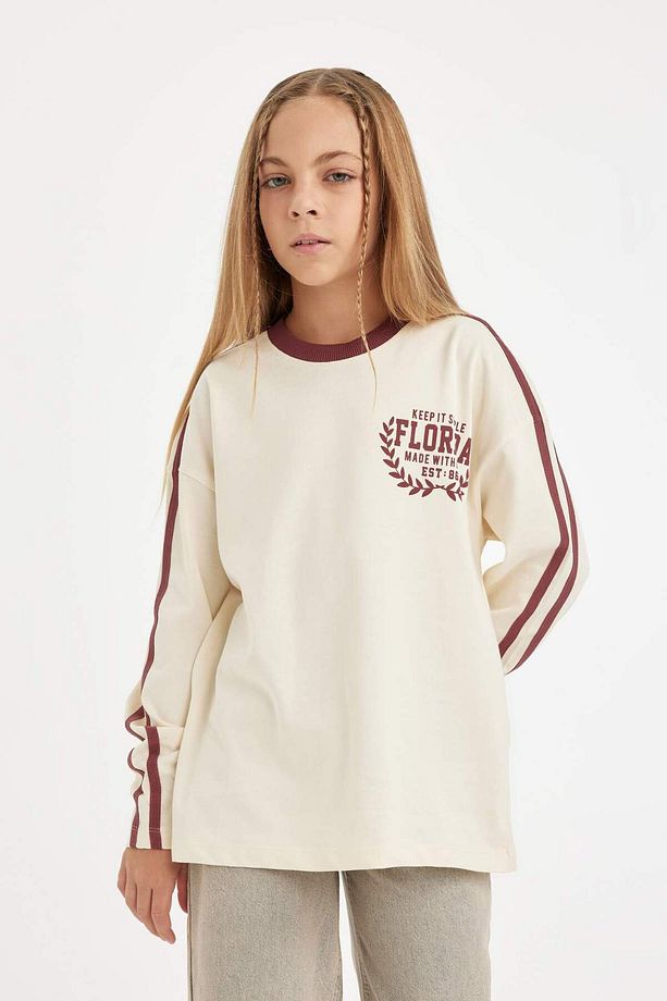Kız Çocuk Oversize Geniş Kalıp Bisiklet Yaka Baskılı Uzun Kollu Tişört D2889A824WN - 5