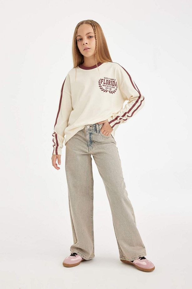 Kız Çocuk Oversize Geniş Kalıp Bisiklet Yaka Baskılı Uzun Kollu Tişört D2889A824WN - 2