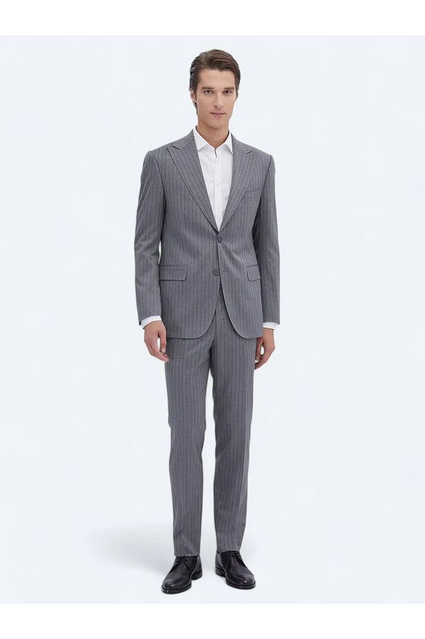 Gri Çizgili Modern Fit Takım Elbise - 2