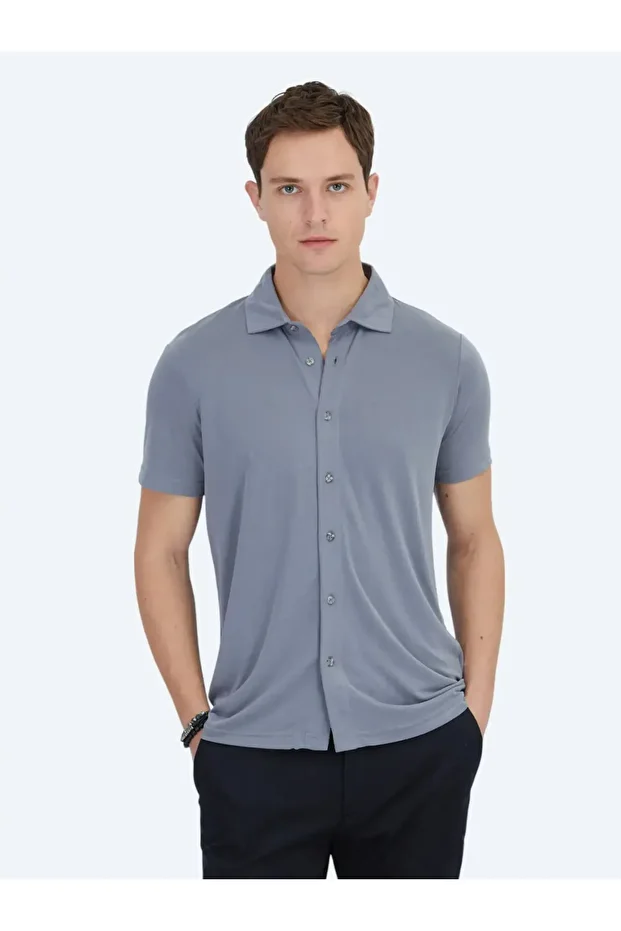 Gri Düz Regular Fit Casual Gömlek - 1