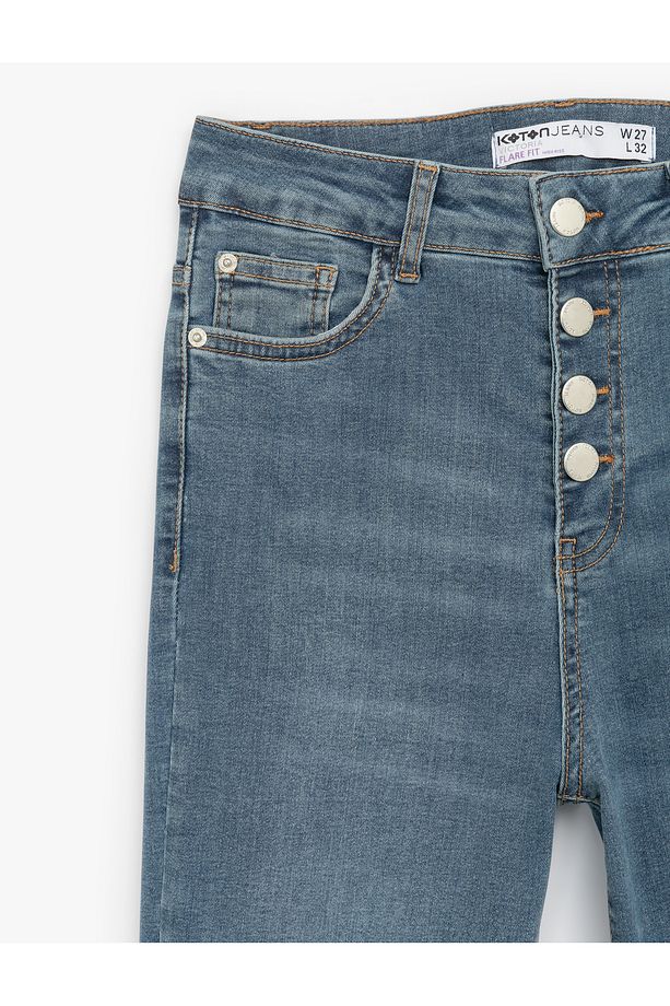 Pamuklu Yüksek Bel Dar Kalıp İspanyol Paça Jean Pantolon - 6