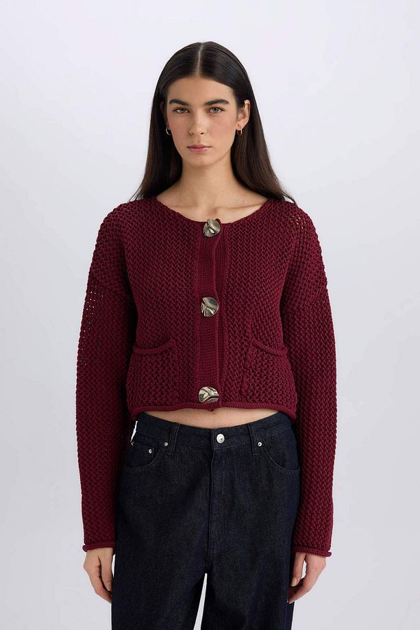 Relax Fit Bisiklet Yaka Düğmeli Örgü Desenli Triko Hırka E1962AX24WN - 3