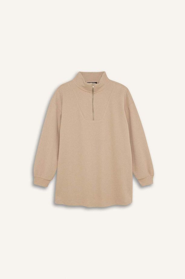 Regular Fit Yarım Fermuarlı Dik Yaka Selanik Kumaş Basic Düz Uzun Kollu Tunik B4306AX24WN - 8