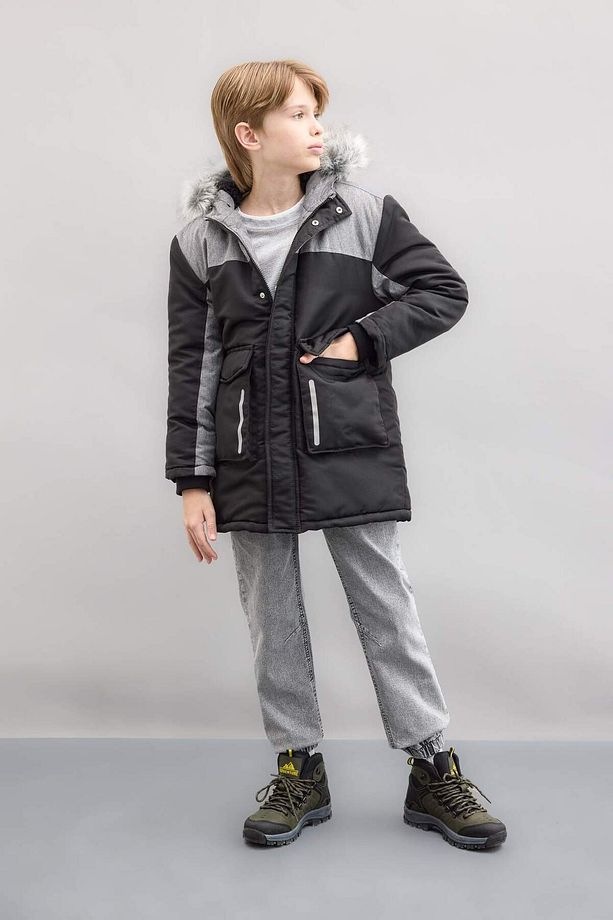 Erkek Çocuk Çıkarılabilir Suni Kürk Yaka Kapüşonlu Pelüş Astar Parka C8990A824CW - 2