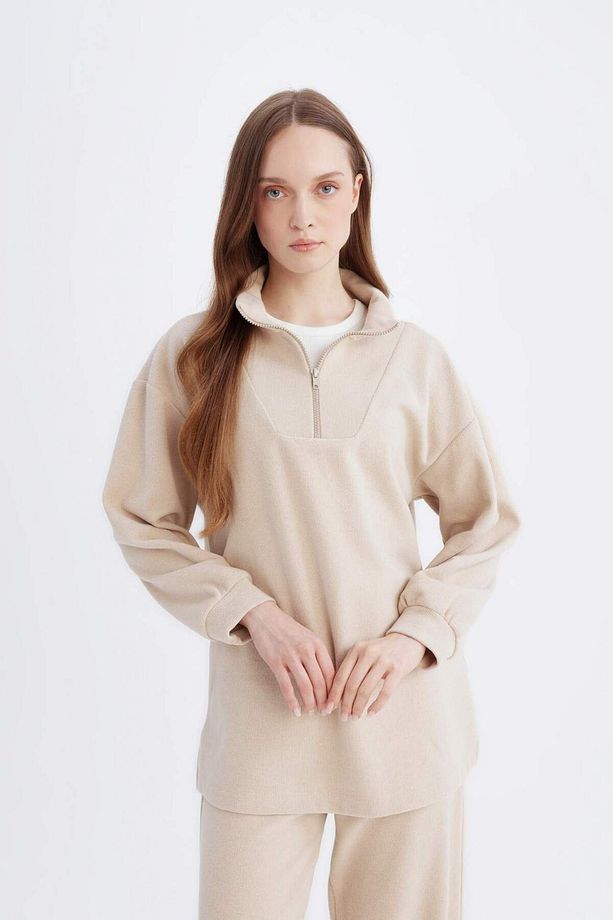 Regular Fit Yarım Fermuarlı Dik Yaka Selanik Kumaş Basic Düz Uzun Kollu Tunik B4306AX24WN - 4