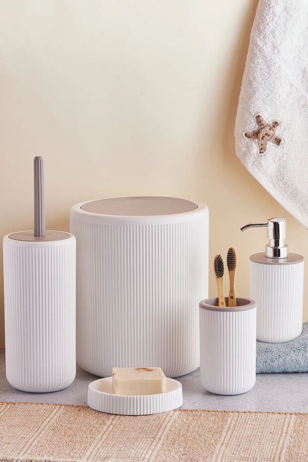 Faggiano 5 Piece Unbreakable Pp Bathroom Set – White - Taupe with 6.5 Liter Bucket