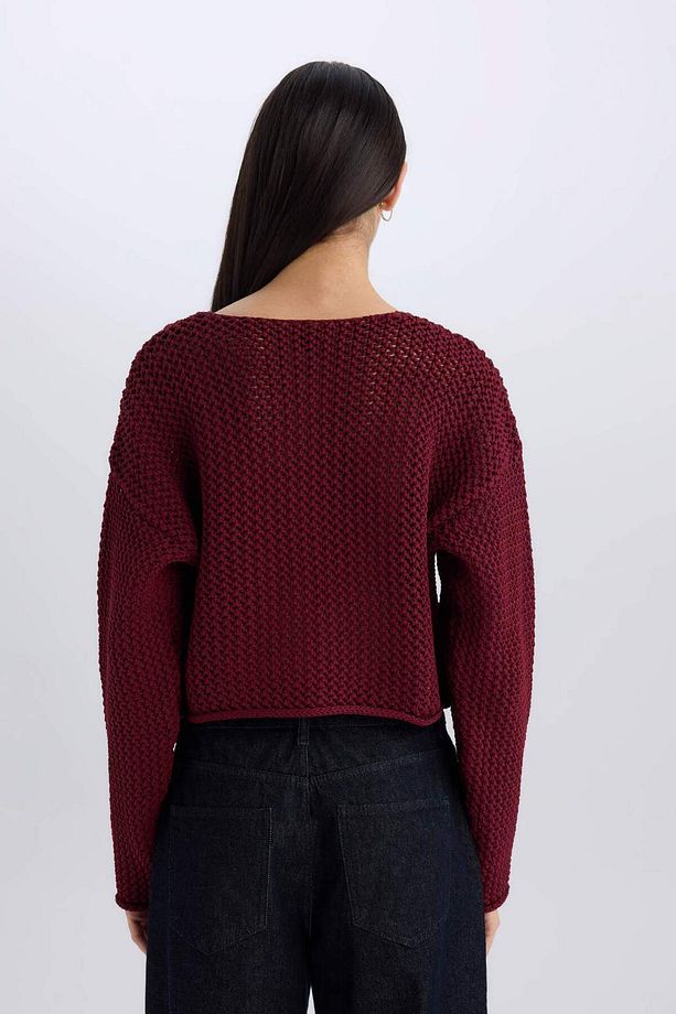 Relax Fit Bisiklet Yaka Düğmeli Örgü Desenli Triko Hırka E1962AX24WN - 6