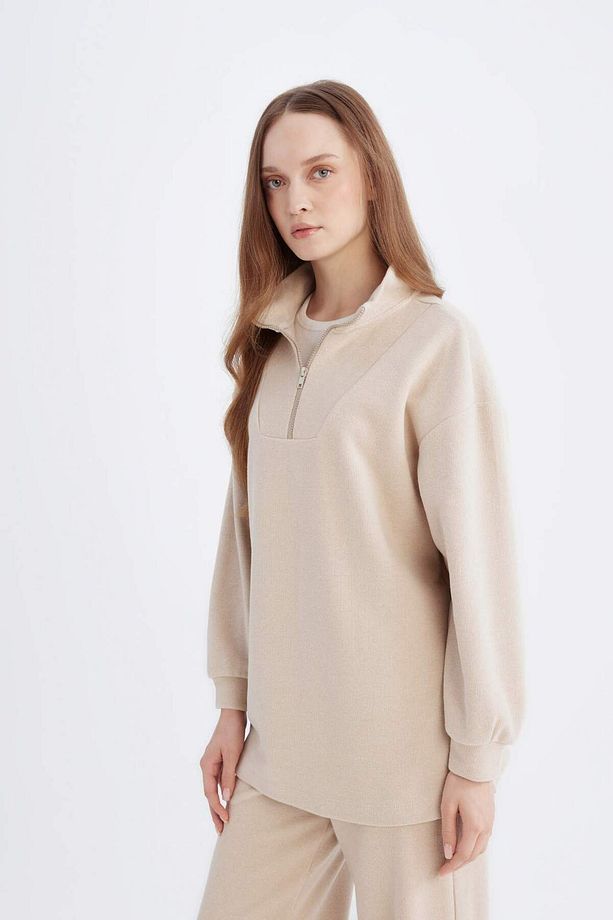 Regular Fit Yarım Fermuarlı Dik Yaka Selanik Kumaş Basic Düz Uzun Kollu Tunik B4306AX24WN - 5