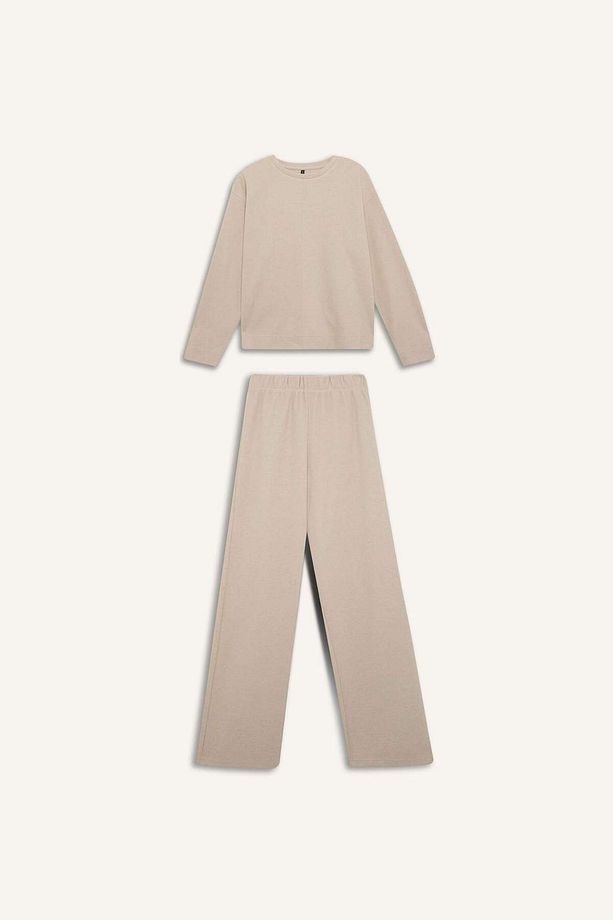 2li Takım Bisiklet Yaka Uzun Kollu Basic Düz Üst Wide Leg Geniş Bol Paça Alt E1712AX24WN - 7