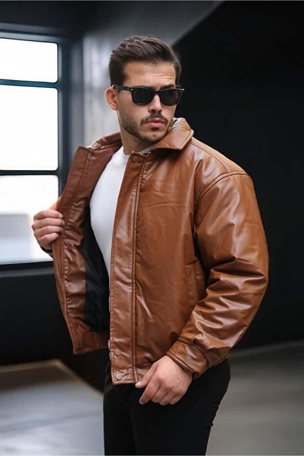 Oversize Premium Deri Ceket/Mont - Taba - 1