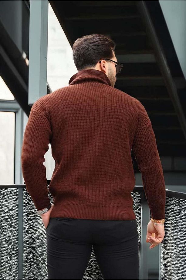 Oversize Selanik Örgü Yarım Fermuar Erkek Triko Kazak - Kahve - 5