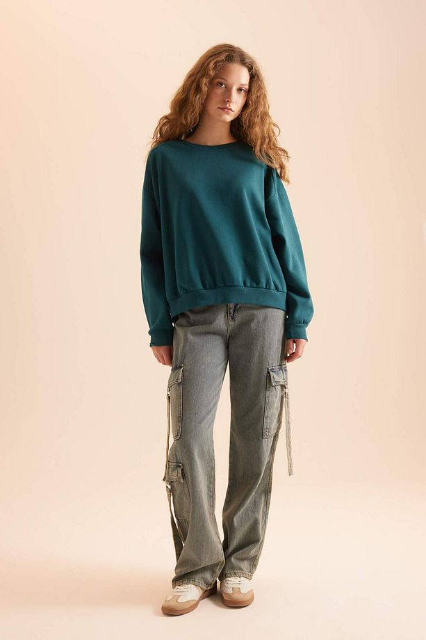 Coool Oversize Geniş Kalıp Bisiklet Yaka Basic Düz Kalın Siyah Sweatshirt D9022AXNS - 2