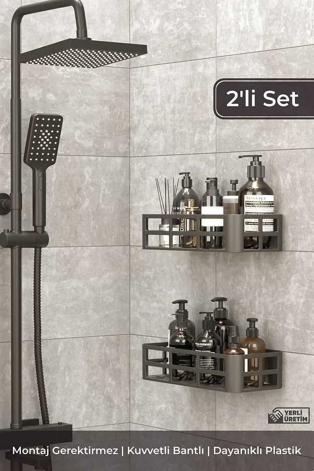 2'li Yapışkanlı Banyo Rafı Şampuanlık Sabunluk Set Antrasit - 1