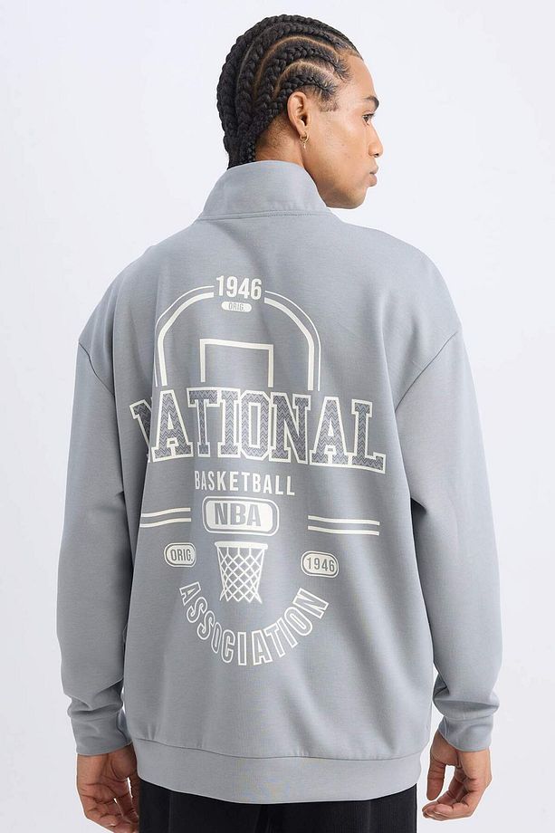 DeFactoFit NBA Wordmark Oversize Geniş Kalıp Fermuarlı Dik Yaka Sırt Baskılı Skuba Dalgıç Kumaş Swea - 1