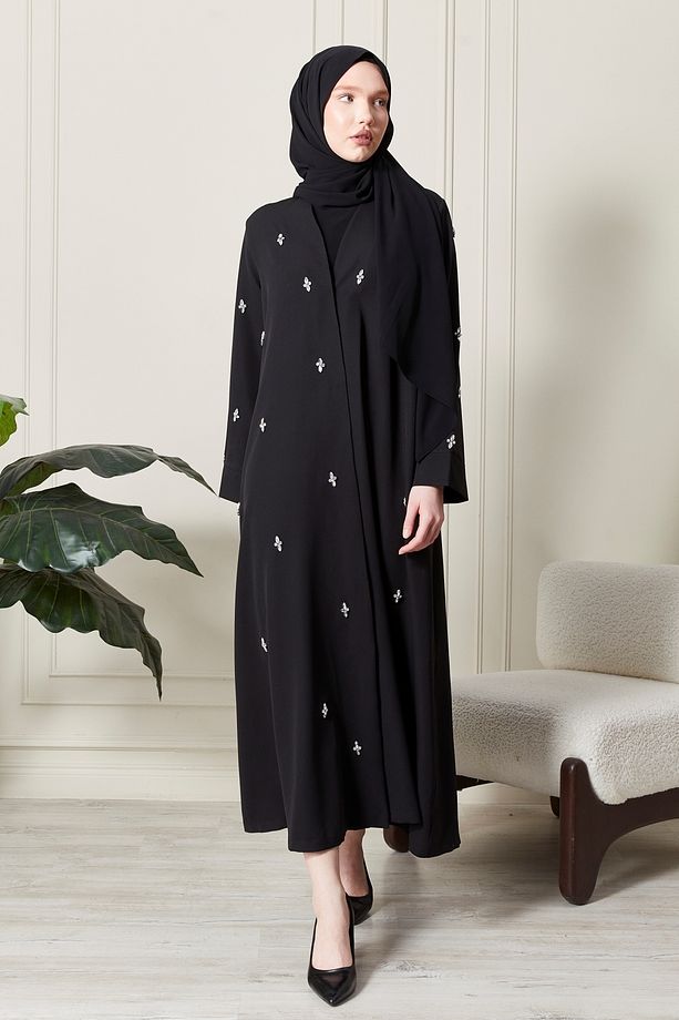 Siyah Önü Çıtçıtlı Cepli Taş İşlemeli Abaya - Ferace - 3