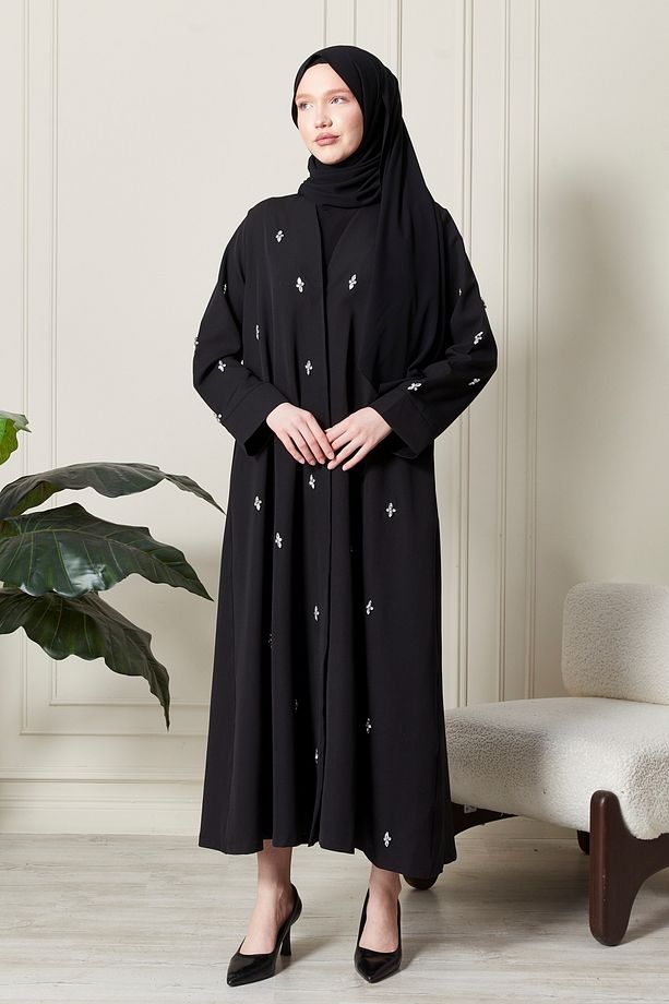 Siyah Önü Çıtçıtlı Cepli Taş İşlemeli Abaya - Ferace - 1