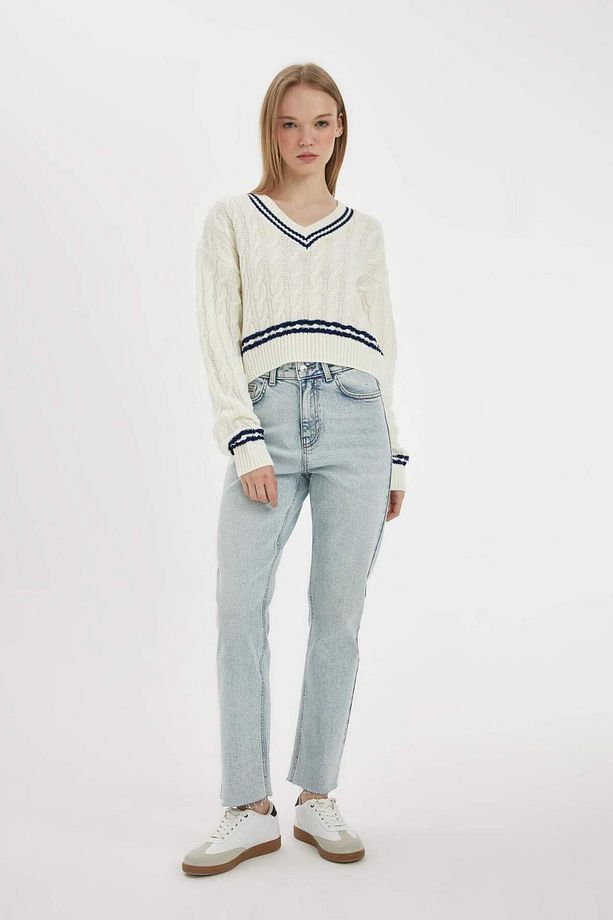 Coool Regular Fit V Yaka Saç Örgülü Çizgi Triko Kazak C7321AX24WN - 5