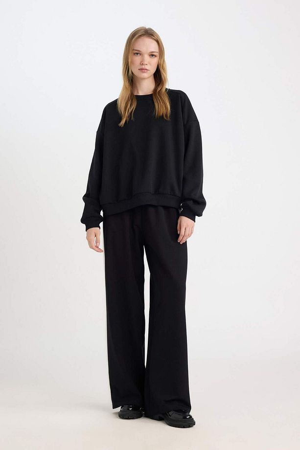 Coool Oversize Geniş Kalıp Bisiklet Yaka Basic Düz Kalın Siyah Sweatshirt D9022AXNS - 7