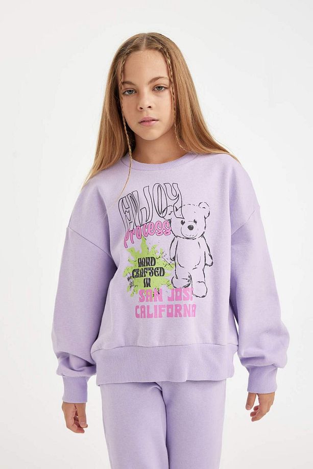 Kız Çocuk 2li Takım Baskılı Bisiklet Yaka Sweatshirt Beli Lastikli Jogger Eşofman Altı D2218A824WN - 5