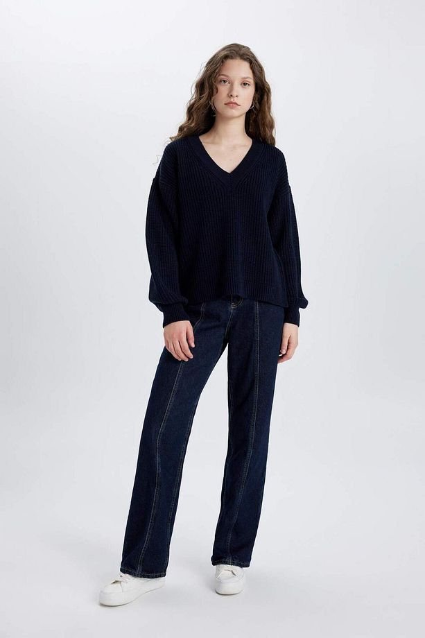 Okula Dönüş Oversize Geniş Kalıp V Yaka Basic Düz Triko Kazak Z7135AZ24WN - 6